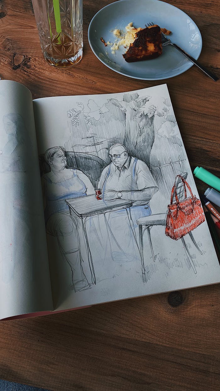 A sketch of a cafe scene with drawing tools, coffee, and pastry on a wooden table.